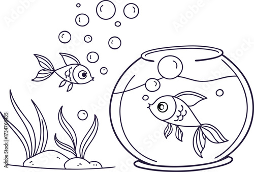 A Goldfish in a Bowl with Bubbles and Aquatic Plants