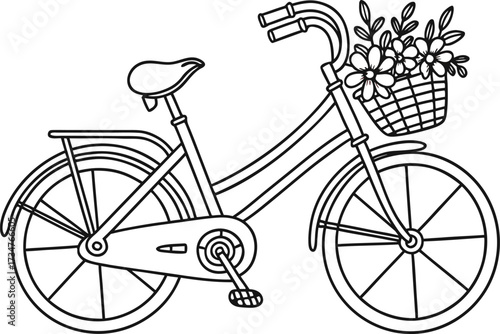 Charming Bicycle with Basket of Flowers Detailed Black and White