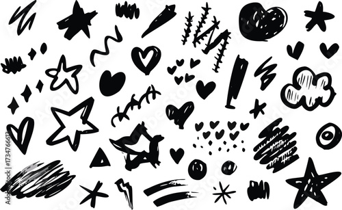 Assorted Hand Drawn Doodles Stars Hearts and Scribbles