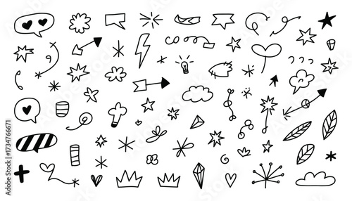 Whimsical hand drawn doodles collection of simple icons symbols arrows stars hearts and more