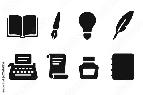 Story Icons Set. Story writing. Filled icon set of story writing: open book, fountain pen, lightbulb, feather