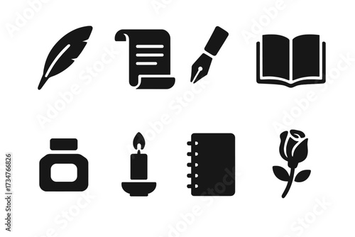 Poetry Writing Icons. Poetry writing. Filled icon set of poetry writing: feather quill, scroll, fountain pen,