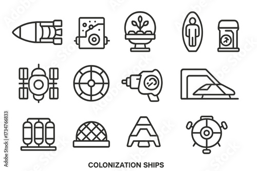 Colonization Ships Icon Set. Colonization Ships. Line outline icon set of Colonization Ships: ark ship, seed