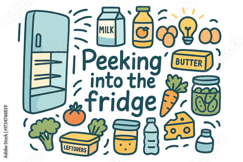 Fridge Doodle Peek. Peeking into the fridge. Hand-drawn doodle illustration of peeking into the fridge.