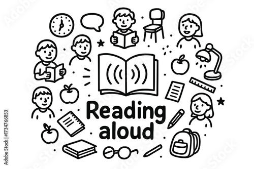 Reading Aloud Doodles. Reading aloud. Hand-drawn doodle illustration of Reading aloud. In the middle, one