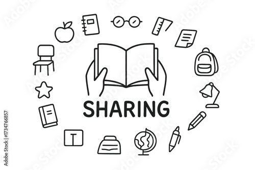 Sharing Doodles Collage. Sharing. Hand-drawn doodle illustration of Sharing. In the middle, one slightly