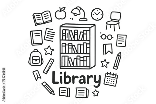 Doodle Library Scene. Library. Hand-drawn doodle illustration of Library. In the middle, one slightly larger