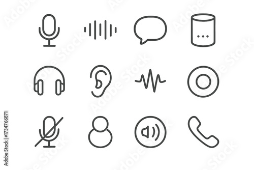 Voice Interface Icons. Voice UI. Line outline icon set of Voice UI: microphone, voice wave, speech bubble,