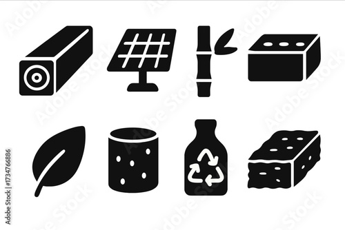 Eco Architecture Icons. Eco architecture. Filled icon set of eco architecture: wooden beam, solar panel,