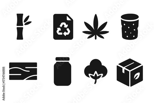 Ecology Icon Set. Ecology materials design. Filled icon set of ecology materials design: bamboo stalk,