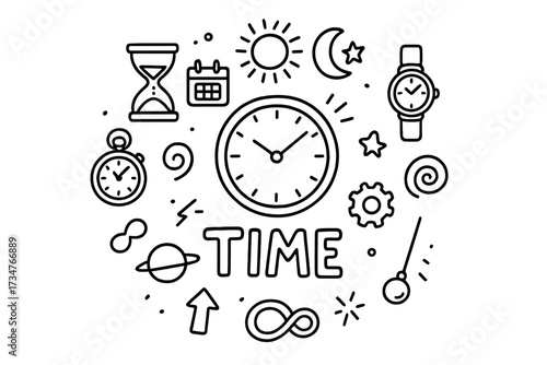 Time Doodle Art. Time. Hand-drawn doodle illustration of Time. In the middle, one slightly larger central