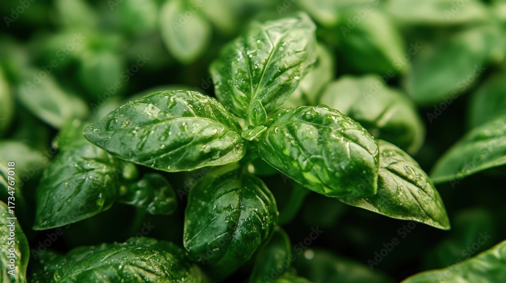 custom made wallpaper toronto digitalClose-up of lush basil leaves covered in water droplets.