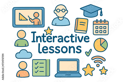 Interactive Learning Doodles. Interactive lessons. Hand-drawn doodle illustration of interactive lessons.