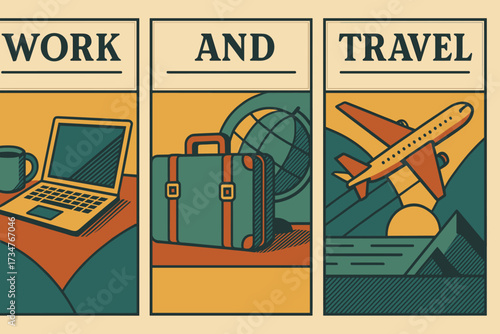 Retro Travel Posters. work and travel. Two or three minimalist vintage-style posters placed side by side in