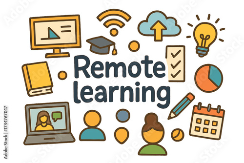 Remote Learning Doodle. Remote learning. Hand-drawn doodle illustration of remote learning. Digital whiteboard