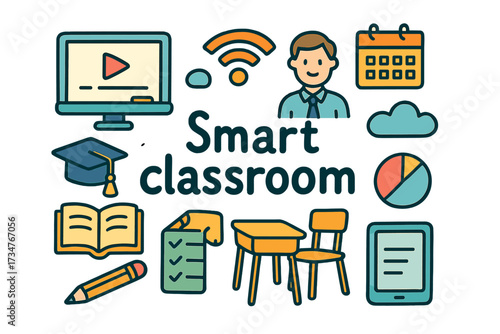 Smart Classroom Doodle. Smart classroom. Hand-drawn doodle illustration of smart classroom. Digital whiteboard