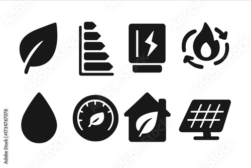 Energy Efficiency Icons. Energy efficiency. Filled icon set of Energy efficiency: eco leaf, low energy chart,