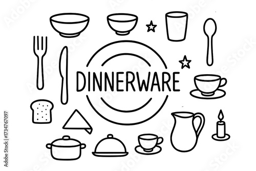 Dinnerware Doodle Art. Dinnerware. Hand-drawn doodle illustration of dinnerware. In the middle, one slightly