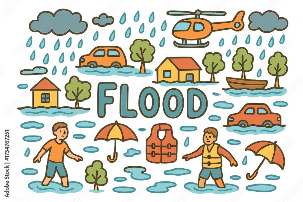 Fototapeta premium Whimsical Flood Chaos. Flood. Hand-drawn doodle illustration of Flood. houses in water, cars floating, trees