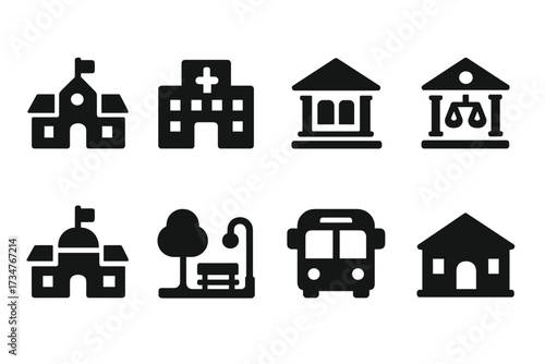 Public Spaces Icons. Public spaces. Filled icon set of Public spaces: school, hospital, library, courthouse,