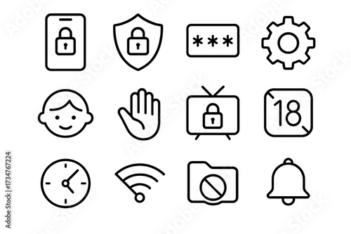 Parental Control Icons. Parental Controls. Line outline icon set of Parental Controls: smartphone with lock,