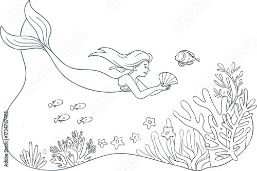 Enchanting Mermaid Underwater Scene Coloring Page Adventure with Fish and Coral