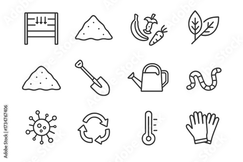 Home Composting Icons. Setting up home composting systems. Line outline icon set of Setting up home composting