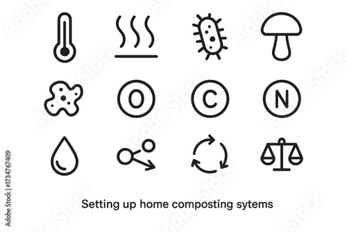 Home Composting Icons. Setting up home composting systems. Line outline icon set of Setting up home composting