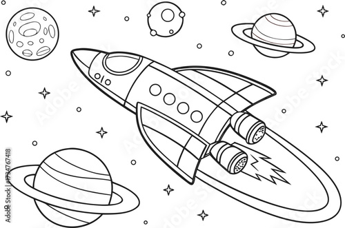 Space Adventure Coloring Page Rocket Ship Among Planets and Stars