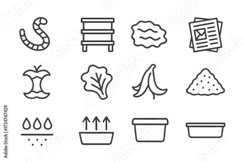 Home Composting Icons. Setting up home composting systems. Line outline icon set of Setting up home composting