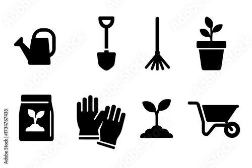 Gardening Icon Set. Gardening. Filled icon set of Gardening: watering can, garden shovel, rake, potted herb,