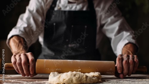 A chef is making a pizza dough on a wooden table. The dough is covered in flour and the chef is using a rolling pin to flatten it. Concept of focus and dedication to the task at hand