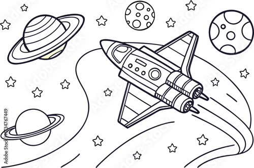 Outer Space Adventure Featuring a Space Shuttle Planets and Stars
