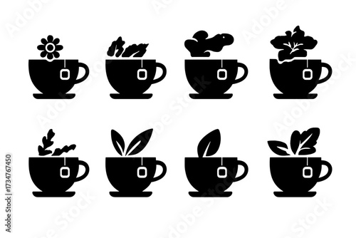 Herbal Tea Icons. Herbal Tea Blends. Filled icon set of Herbal Tea Blends: chamomile tea cup, peppermint tea