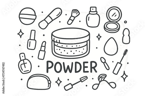 Doodle Cosmetic Essentials. Powder. Hand-drawn doodle illustration of Powder. In the middle, one slightly