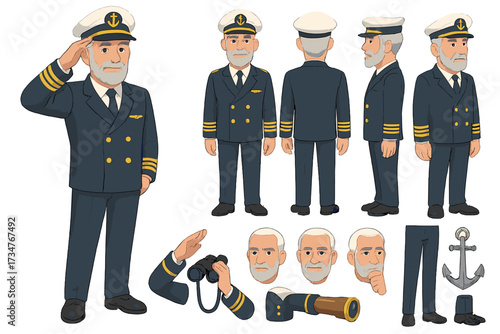 Cruise Captain Character Creator. Cartoon realistic vector illustration, Character constructor style, isolated