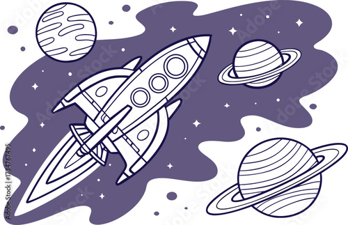 Outer Space Adventure Featuring a Space Shuttle Planets and Stars