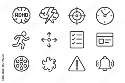 Learning Disabilities Icons. Learning disabilities. Line outline icon set of Learning disabilities: ADHD icon,