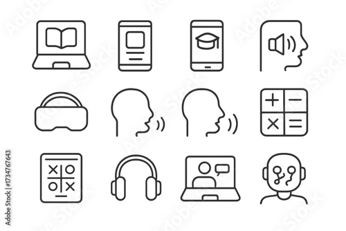 Learning Tools Icons. Learning disabilities. Line outline icon set of Learning disabilities: computer, tablet,