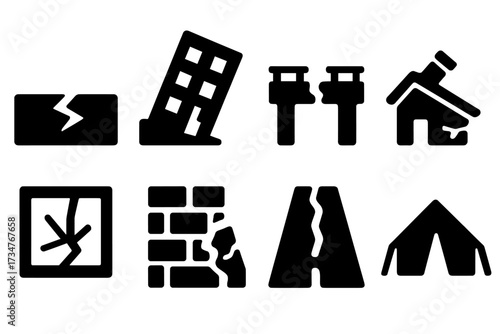 Earthquake Damage Icons. Earthquake Damage. Filled icon set of Earthquake Damage: cracked ground, tilted