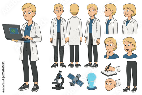 Scientist Character Builder. Cartoon realistic vector illustration, Character constructor style, isolated