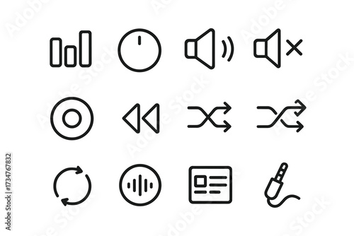 Podcast Icon Set. Listening to podcasts. Line outline icon set of Listening to podcasts: equalizer bars,