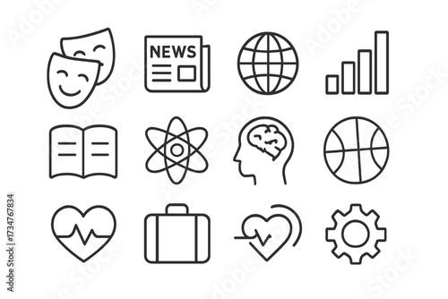 Podcast Icons Grid. Listening to podcasts. Line outline icon set of Listening to podcasts: comedy mask, drama