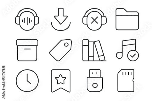 Podcast Icon Set. Listening to podcasts. Line outline icon set of Listening to podcasts: download icon,