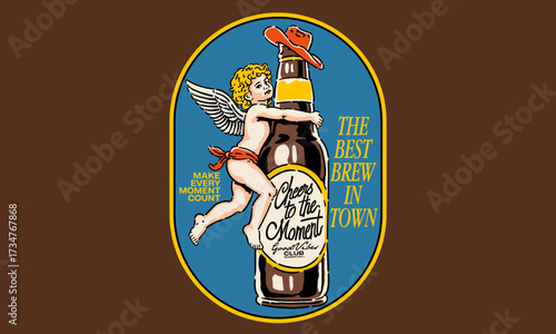 retro patch of a cowboy angel with a beer bottle. Vintage Best Brew in Town artwork for a t-shirt