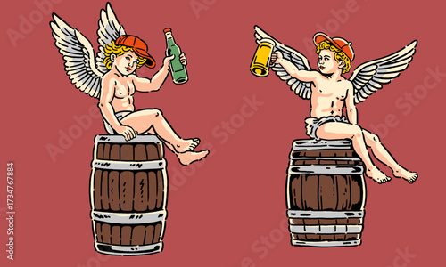 set of two vintage angel characters with beer. Retro artwork for a t-shirt or sticker set