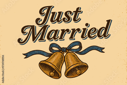 Vintage Wedding Announcement. Just Married B. vintage serif script, shadowed outlines, aged print texture,