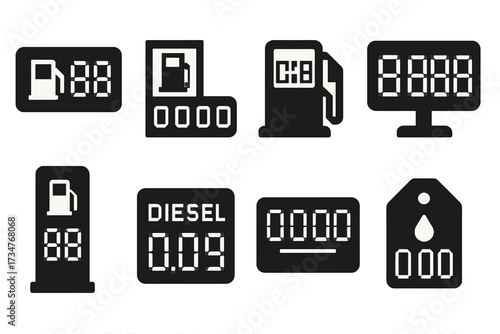 Fuel Price Icons. Fuel Price Display. Filled icon set of Fuel Price Display: digital fuel price board, analog