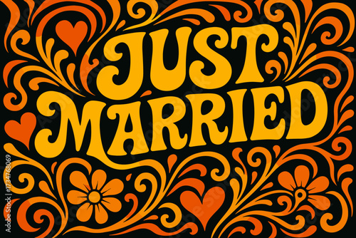Psychedelic Wedding Vibes. Just Married B. psychedelic 60s lettering, warped curves, swirling ornaments,