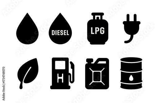 Fuel Type Icons. Fuel Types. Filled icon set of Fuel Types: gasoline drop, diesel drop, LPG tank, electric